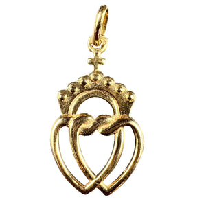 French Intertwined Crowned Sacred Hearts 18K Yellow Gold Charm Pendant
