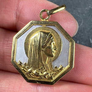 Virgin Mary Mother of Pearl 18K Yellow Gold Charm Pendant