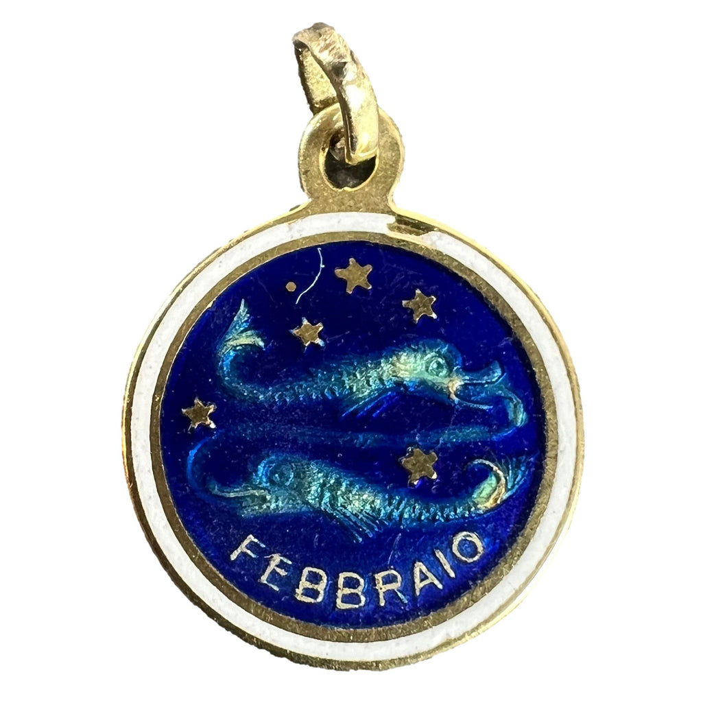 Vintage Pisces Starsign Zodiac 18K Yellow Gold Enamel Charm Medal Pendant