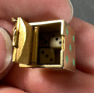 French Art Deco Die with Miniature Dice 18K Yellow Gold Enamel Charm Pendant