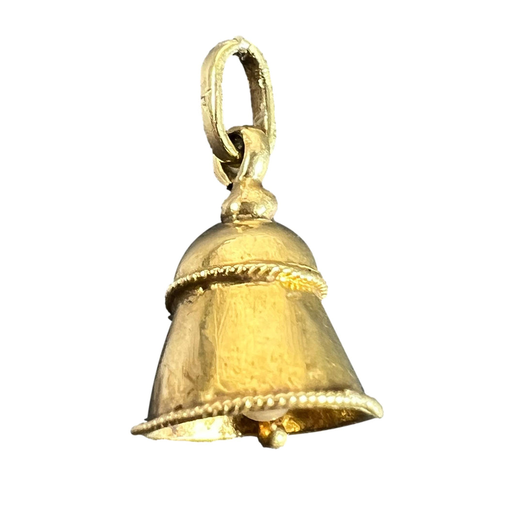 Vintage Ringing Wedding Bell 18K Yellow Gold Pearl Charm Pendant