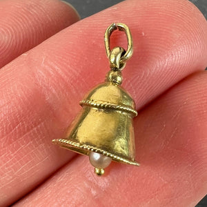 Vintage Ringing Wedding Bell 18K Yellow Gold Pearl Charm Pendant