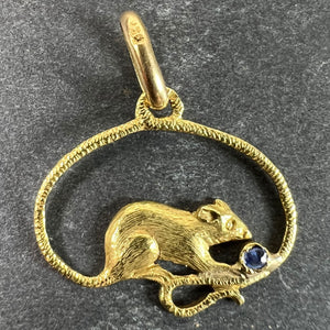 Vintage Mouse Blue Sapphire 18K Yellow Gold Charm Pendant