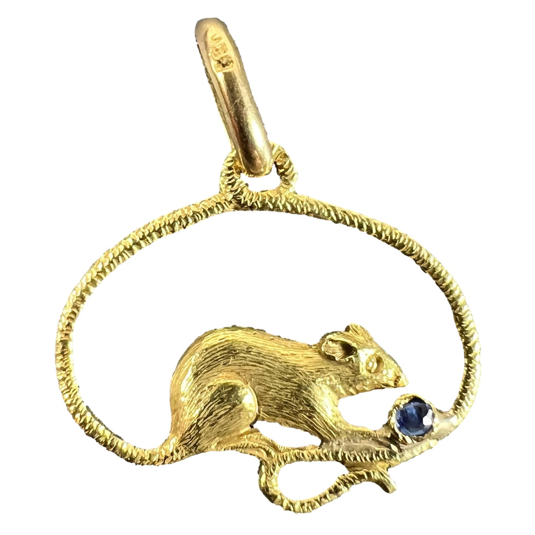 Vintage Mouse Blue Sapphire 18K Yellow Gold Charm Pendant