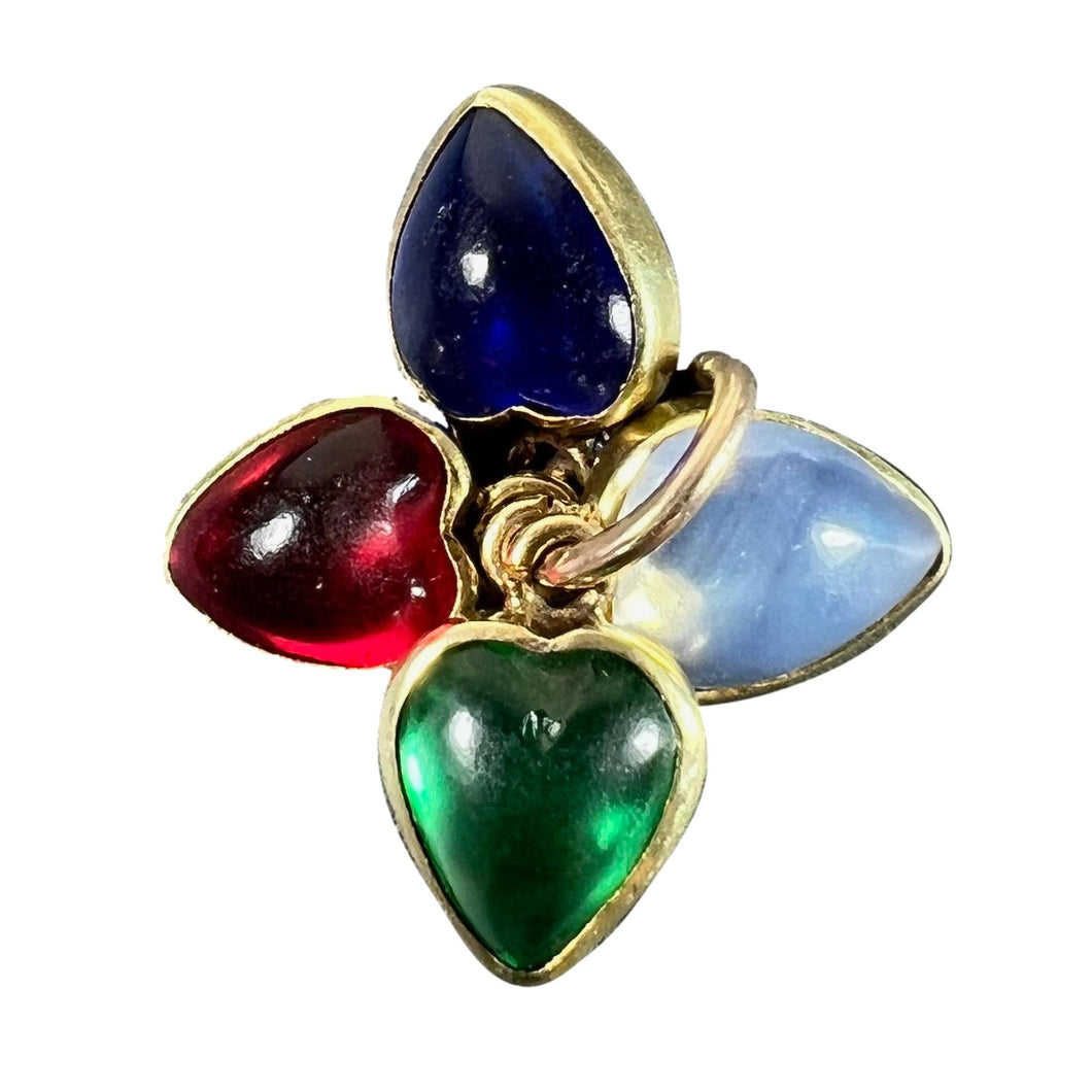Vintage 18K Yellow Gold Four Love Hearts Paste Glass Charm Pendant
