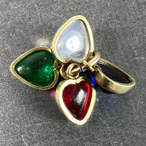 Vintage 18K Yellow Gold Four Love Hearts Paste Glass Charm Pendant