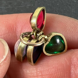 Vintage 18K Yellow Gold Four Love Hearts Paste Glass Charm Pendant