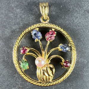 Double Sided Flower Vase 18K Yellow Gold Carved Sapphire Ruby Emerald Pendant
