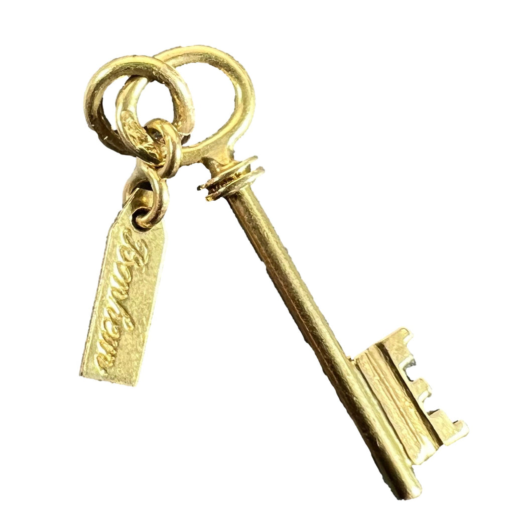 Vintage French Bonheur Good Luck Key 18K Yellow Gold Charm Pendant