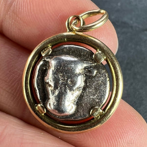 Ancient Silver Bull Head and Artemis Greek Coin in 18K Yellow Gold Frame Pendant