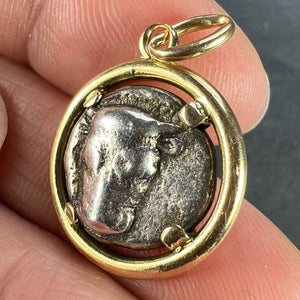 Ancient Silver Bull Head and Artemis Greek Coin in 18K Yellow Gold Frame Pendant