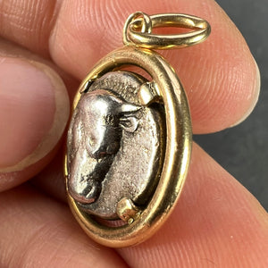 Ancient Silver Bull Head and Artemis Greek Coin in 18K Yellow Gold Frame Pendant