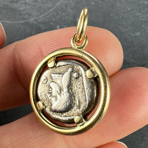 Ancient Silver Bull Head and Artemis Greek Coin in 18K Yellow Gold Frame Pendant