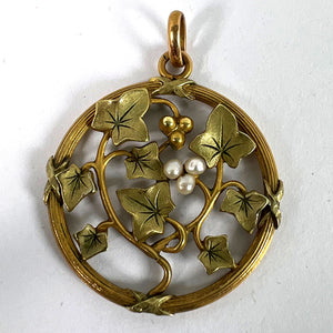 French Ivy Leaves Rolled 18K Yellow Rose White Gold Seed Pearl Charm Pendant