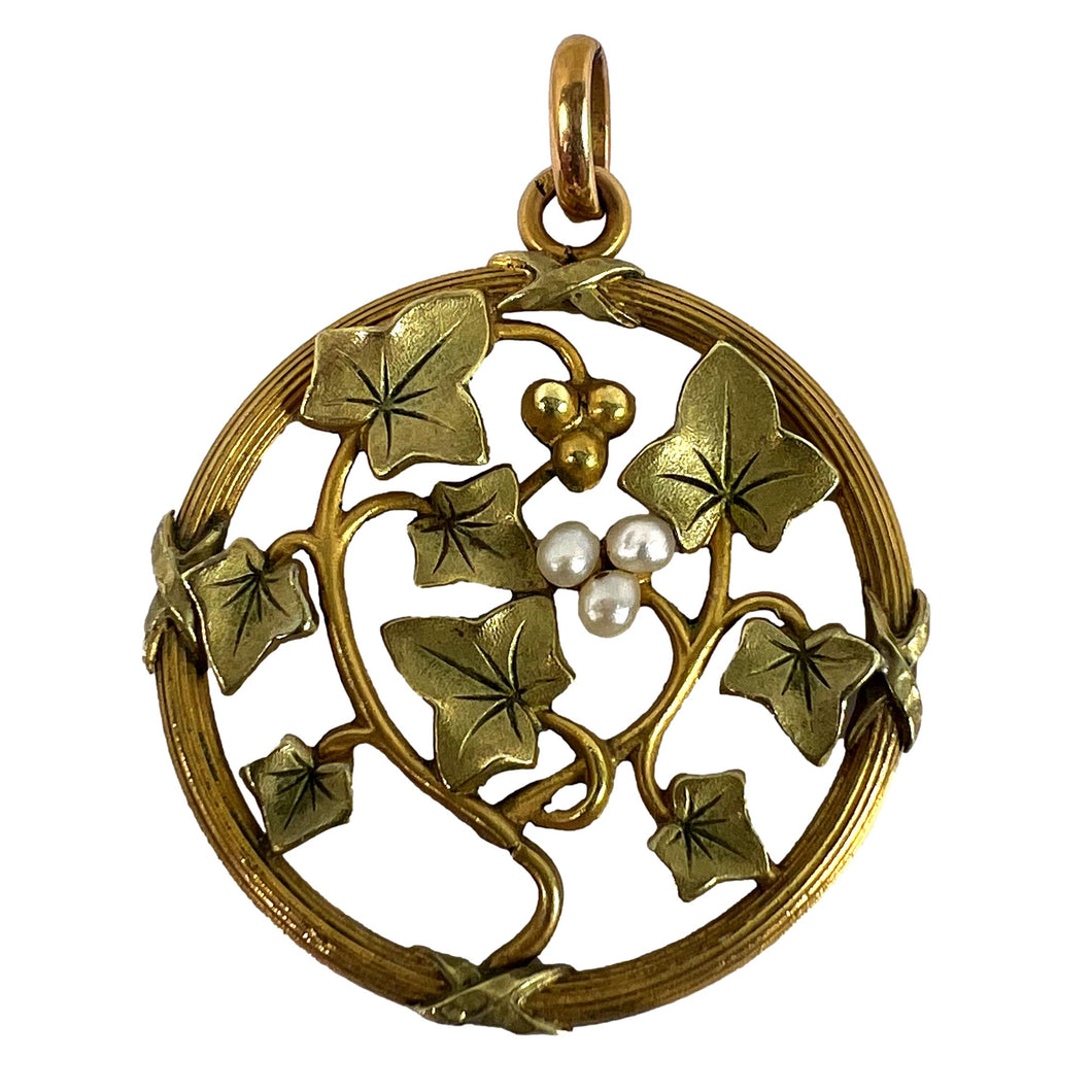 French Ivy Leaves Rolled 18K Yellow Rose White Gold Seed Pearl Charm Pendant