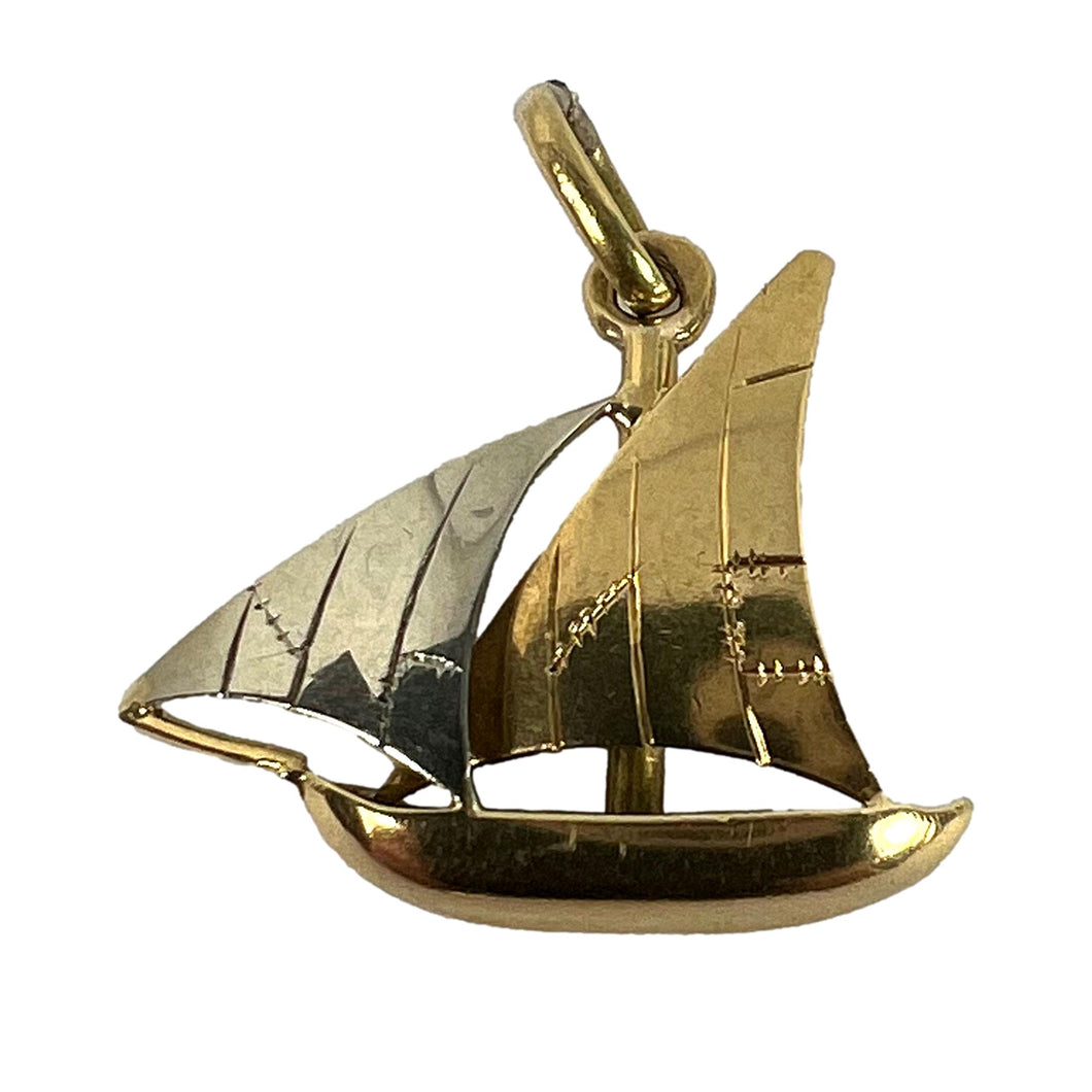 Vintage French 18K Yellow White Gold Sailing Yacht Boat Charm Pendant