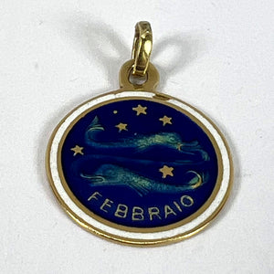 Vintage Pisces Starsign Zodiac 18K Yellow Gold Enamel Charm Medal Pendant