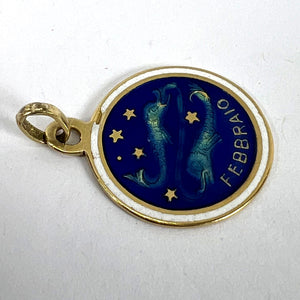 Vintage Pisces Starsign Zodiac 18K Yellow Gold Enamel Charm Medal Pendant