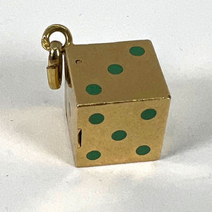 French Art Deco Die with Miniature Dice 18K Yellow Gold Enamel Charm Pendant