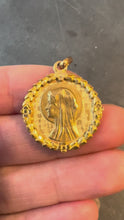 Load and play video in Gallery viewer, French Perroud Virgin Mary Flowers Leaves Wreath 18K Yellow Gold Medal Charm Pendant
