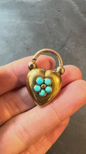 Load and play video in Gallery viewer, Antique Victorian Padlock Heart Turquoise Yellow Gold Mourning Locket Pendant

