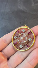 Load and play video in Gallery viewer, Edwardian Target Diamond Pearl Ruby 18K Yellow Gold Pendant
