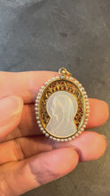 Load and play video in Gallery viewer, Vintage French 18K Yellow Gold Pearl Mother-of-Pearl Virgin Mary Charm Pendant
