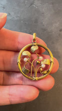 Load and play video in Gallery viewer, French Mistletoe Leaves and Berries Love 18K Yellow Gold  Pearl Charm Pendant
