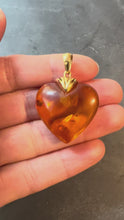 Load and play video in Gallery viewer, Large Vintage French Puffy Heart 18K Yellow Gold Amber Charm Pendant
