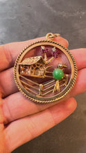 Load and play video in Gallery viewer, Large Vintage Bird Home Sweet Home 14K Yellow Gold Diamond Ruby Jade Charm Pendant
