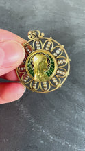 Load and play video in Gallery viewer, Antique French Virgin Mary 18K Yellow Gold Plique-a-Jour Enamel Pearl Pendant Medal
