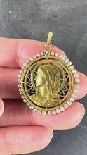 Load and play video in Gallery viewer, Antique French Virgin Mary 18K Yellow Gold Plique-a-Jour Enamel Pearl Pendant Medal
