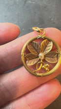 Load and play video in Gallery viewer, French Lucky Shamrock Four Leaf Clover 18K Yellow Gold Pearl Charm Pendant
