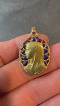 Load and play video in Gallery viewer, French Dropsy Virgin Mary Plique A Jour Enamel 18K Yellow Gold Pendant Medal
