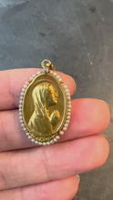 Load and play video in Gallery viewer, Antique French Sellier Virgin Mary 18K Yellow Gold Seed Pearl Medal Pendant
