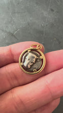 Load and play video in Gallery viewer, Ancient Silver Bull Head and Artemis Greek Coin in 18K Yellow Gold Frame Pendant
