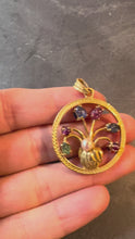 Load and play video in Gallery viewer, Double Sided Flower Vase 18K Yellow Gold Carved Sapphire Ruby Emerald Pendant
