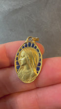 Load and play video in Gallery viewer, French Dropsy Virgin Mary Plique A Jour Enamel 18K Yellow Gold Pendant Medal

