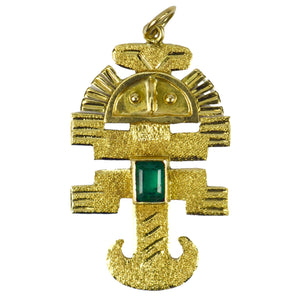 Inca God Icon 18K Yellow Gold Emerald Charm Pendant