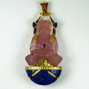 Large French 18K Yellow Gold Ruby Rose Quartz Lapis Buddha Pendant