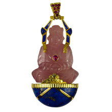 Load image into Gallery viewer, Large French 18K Yellow Gold Ruby Rose Quartz Lapis Buddha Pendant
