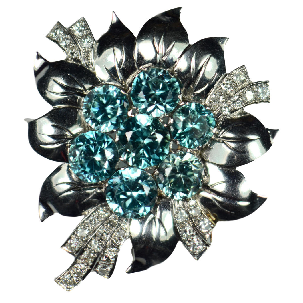 Blue Zircon White Diamond Platinum Flower Brooch