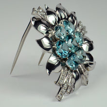 Load image into Gallery viewer, Blue Zircon White Diamond Platinum Flower Brooch
