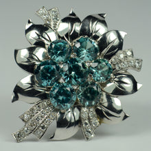 Load image into Gallery viewer, Blue Zircon White Diamond Platinum Flower Brooch
