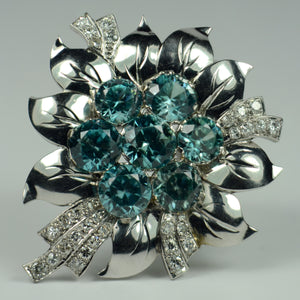 Blue Zircon White Diamond Platinum Flower Brooch