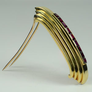 French Ruby 18K Gold Art Moderne Clip Brooch