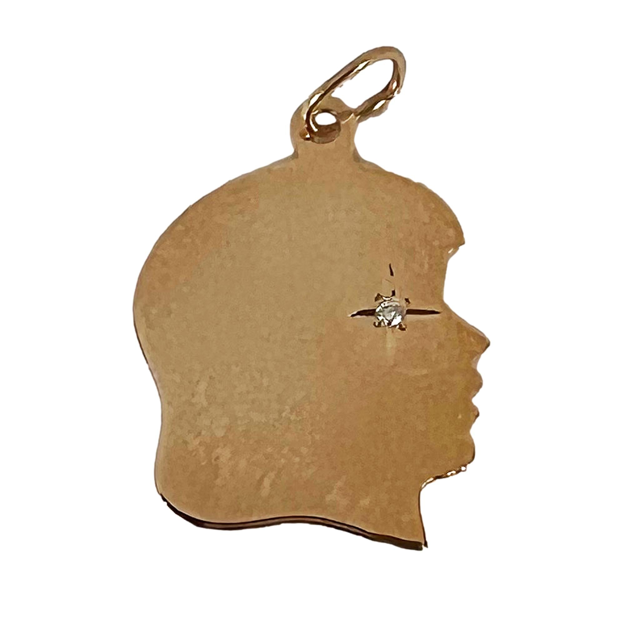 Yellow Gold White Diamond Girl Head Silhouette Charm Pendant