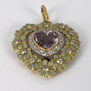 Edwardian Morganite Heart Platinum Gold Diamond Enamel Pendant