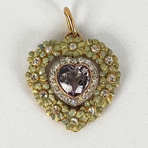 Edwardian Morganite Heart Platinum Gold Diamond Enamel Pendant