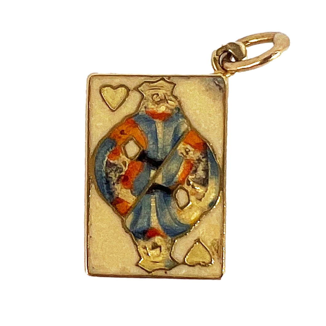 French King of Hearts Playing Card 18K Yellow Gold Enamel Charm Pendant